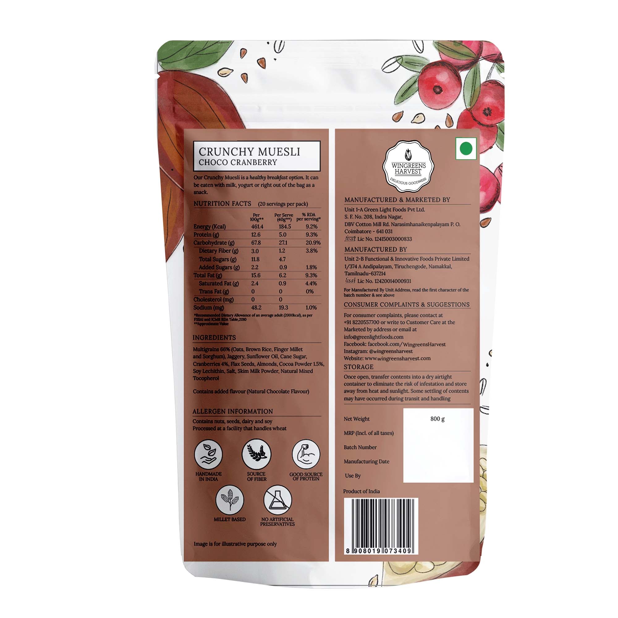 Crunchy muesli- Choco Cranberry, 800g