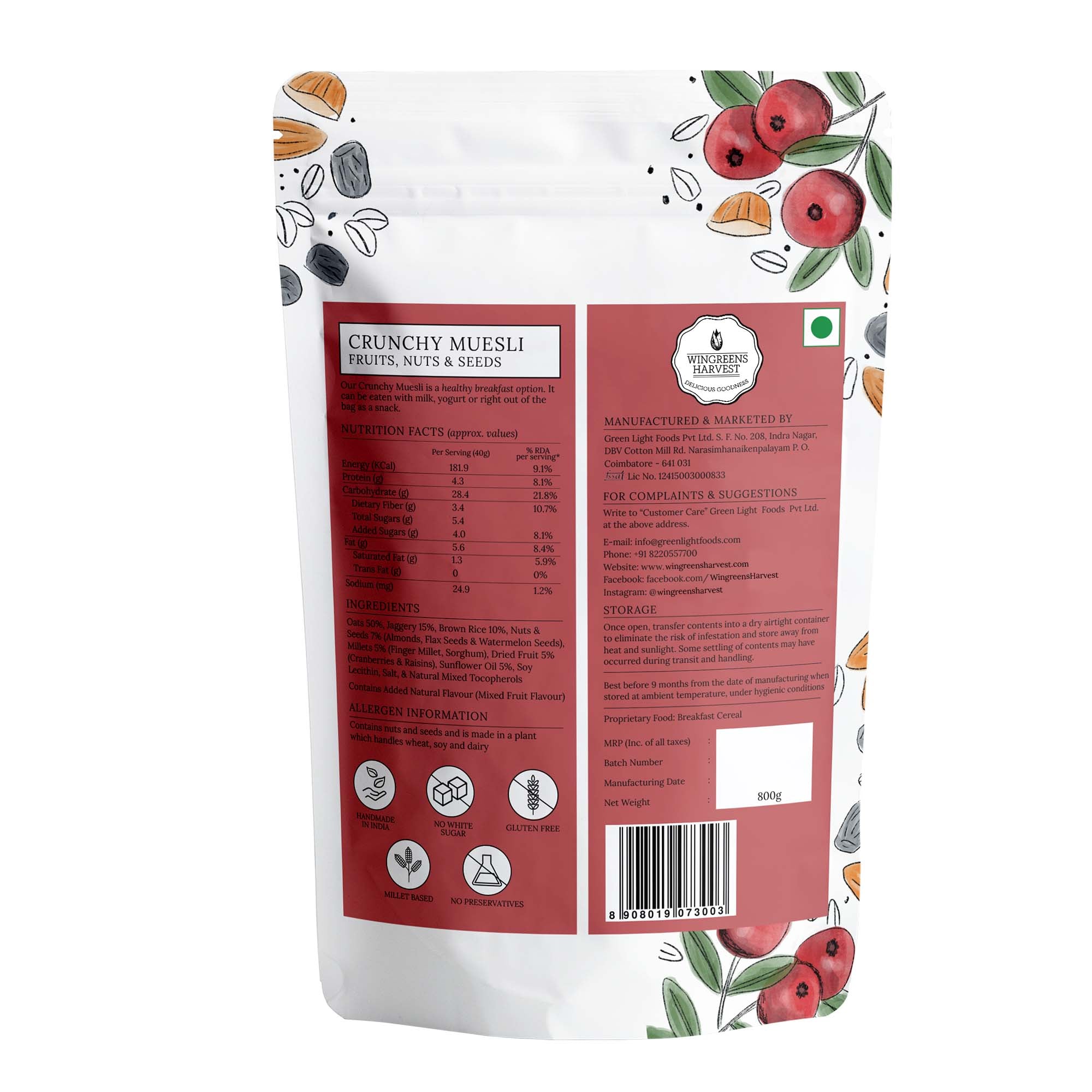 Crunchy Muesli - Fruits, Nuts and Seeds, 800g
